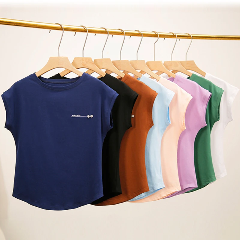 

Loose T shirts Women 2022 Summer Tees O-Neck Batwing Sleeve Tops Letter T shirt Cotton Elastic Basic White Black Pink