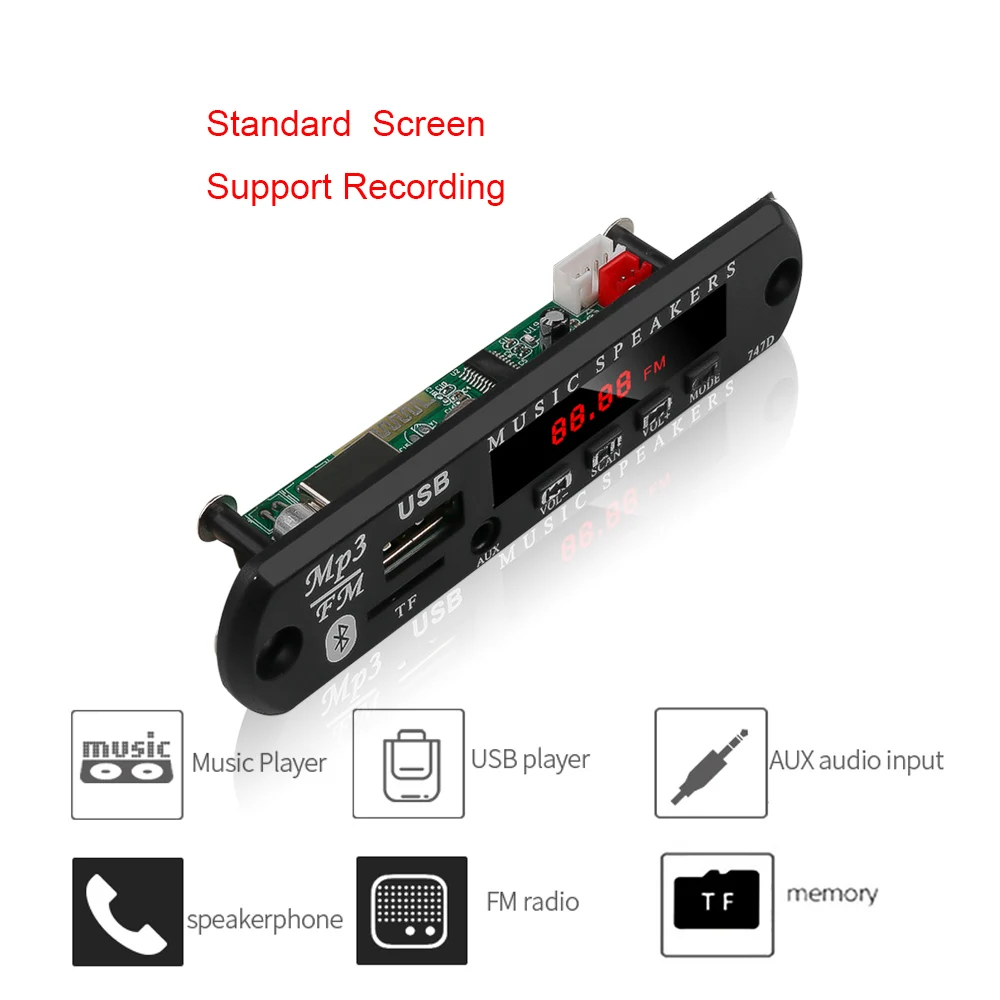 Standard Screen 5 V-12 V громкой связи Bluetooth автомобильный радиоприемник Mp3 плеер декодер доска Поддержка FM TF карта AUX Запись с микрофоном автомобиля Динамик модификации - Цвет: Standard Screen