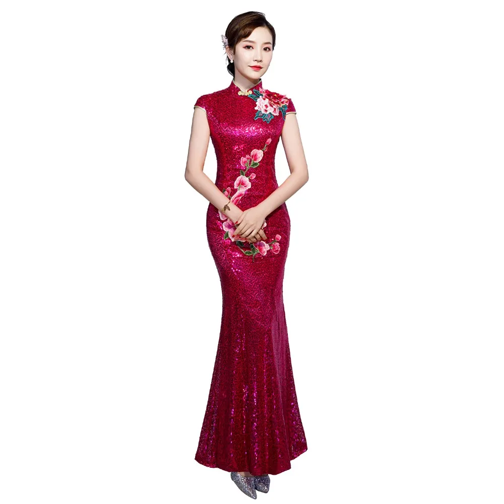 

Традиционное китайское платье в стиле «Шанхая история», платье-Ципао с цветами и блестками, длинное платье с коротким рукавом в восточном с...