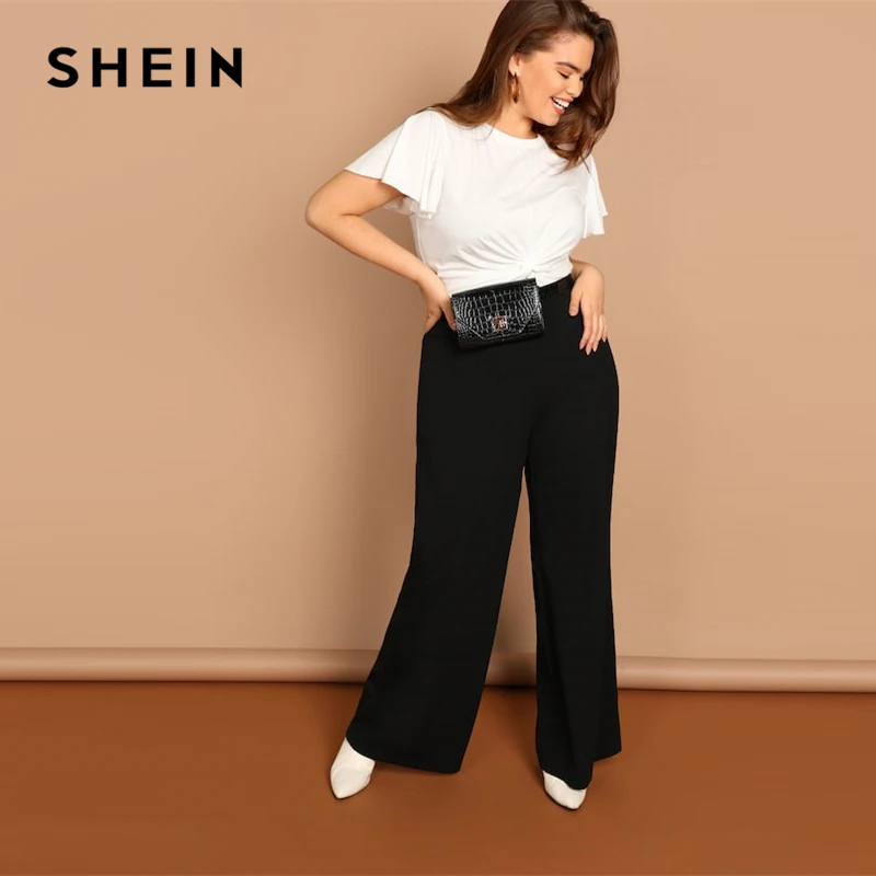 SHEIN Однотонные Широкие Брюки Размера Плюс 2019 Женские Весенние Модные Для