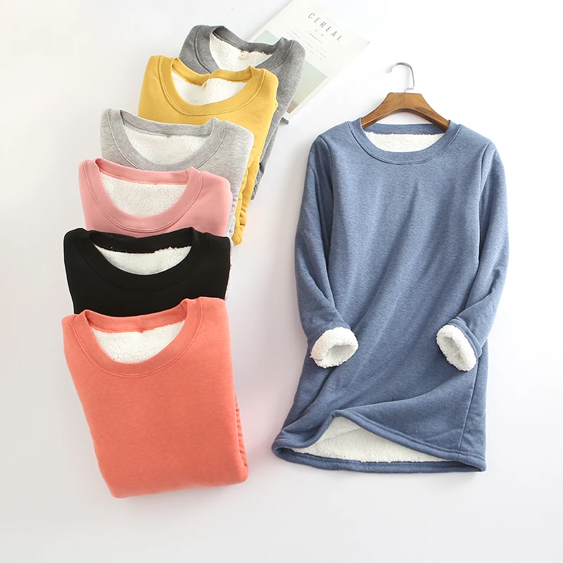 

New Autumn Winter Casual Warm Thick Bottoming T-Shirts Women Loose Full Sleeve Long T-Shirt Women Slim Lambswool Pullovers Mw541