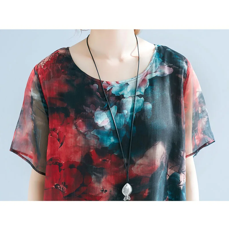 

Women Dress Plus Size Loose Summer Beach Floral Print Vestidos Female Oversized Dress Casual Chiffon Dresses Fake two pieces