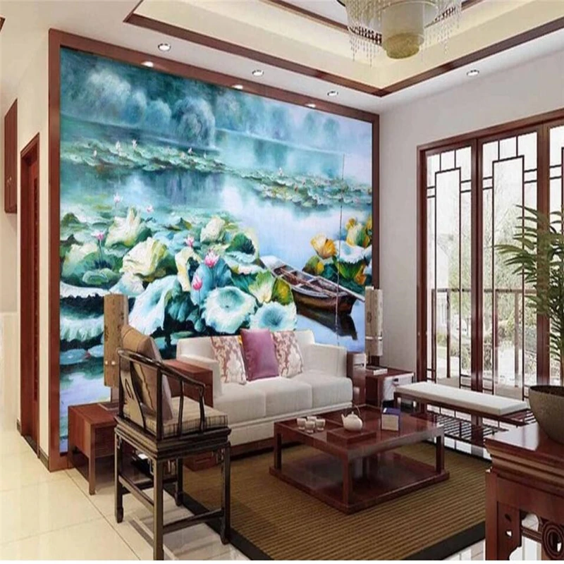 Обои для гостиной с изображением лотоса пруда лодки ТВ диван фон на заказ Большая