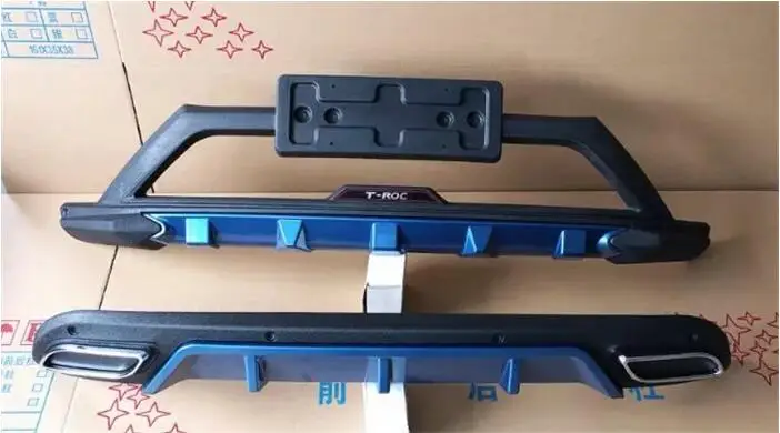 Front Rear blue ABS 2 шт. защита выхлопного отверстия переднего+ заднего бампера противоскользящая пластина для 18 Volkswagen VW T-ROC TROC(3 цвета - Цвет: Front Rear blue