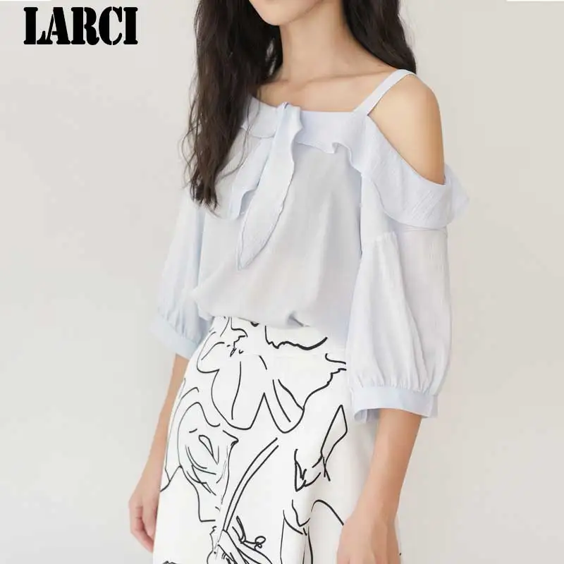LARCI 2018 дамы белая блузка короткие slevve Для женщин топы Элегантный Лоскутная
