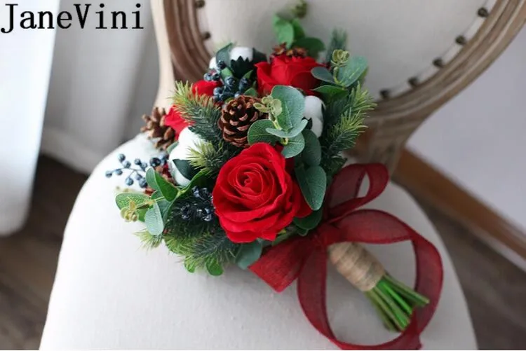 JaneVini Vintage Red Silk Flower Bouquet Boho Bridal Bouquets Artificial Cotton Pine Cone Flowers for Wedding Bridesmaid |