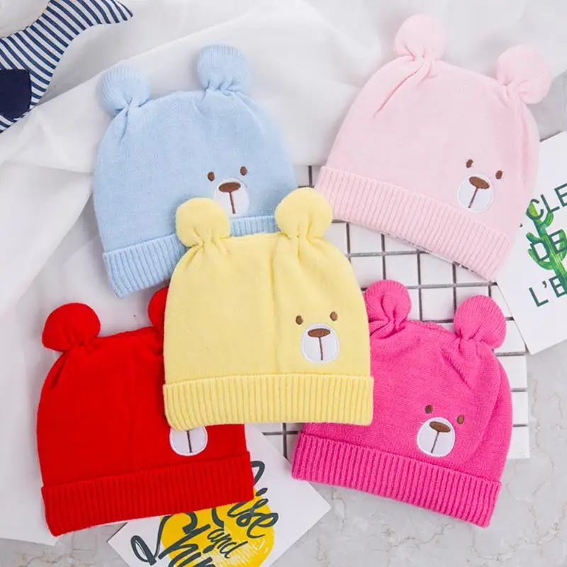 Шапка для новорожденных теплая детская Шапка-бини из хлопка с рисунком медведя