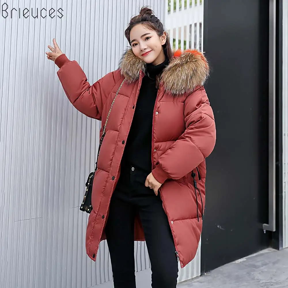 Brieuces New winter jacket women big fur hooded wadded female casual cotton-padded thicken coat parka | Женская одежда