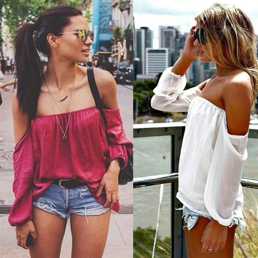 Модные женские туфли Твердые с плеча Slash шеи рубашка длинными рукавами