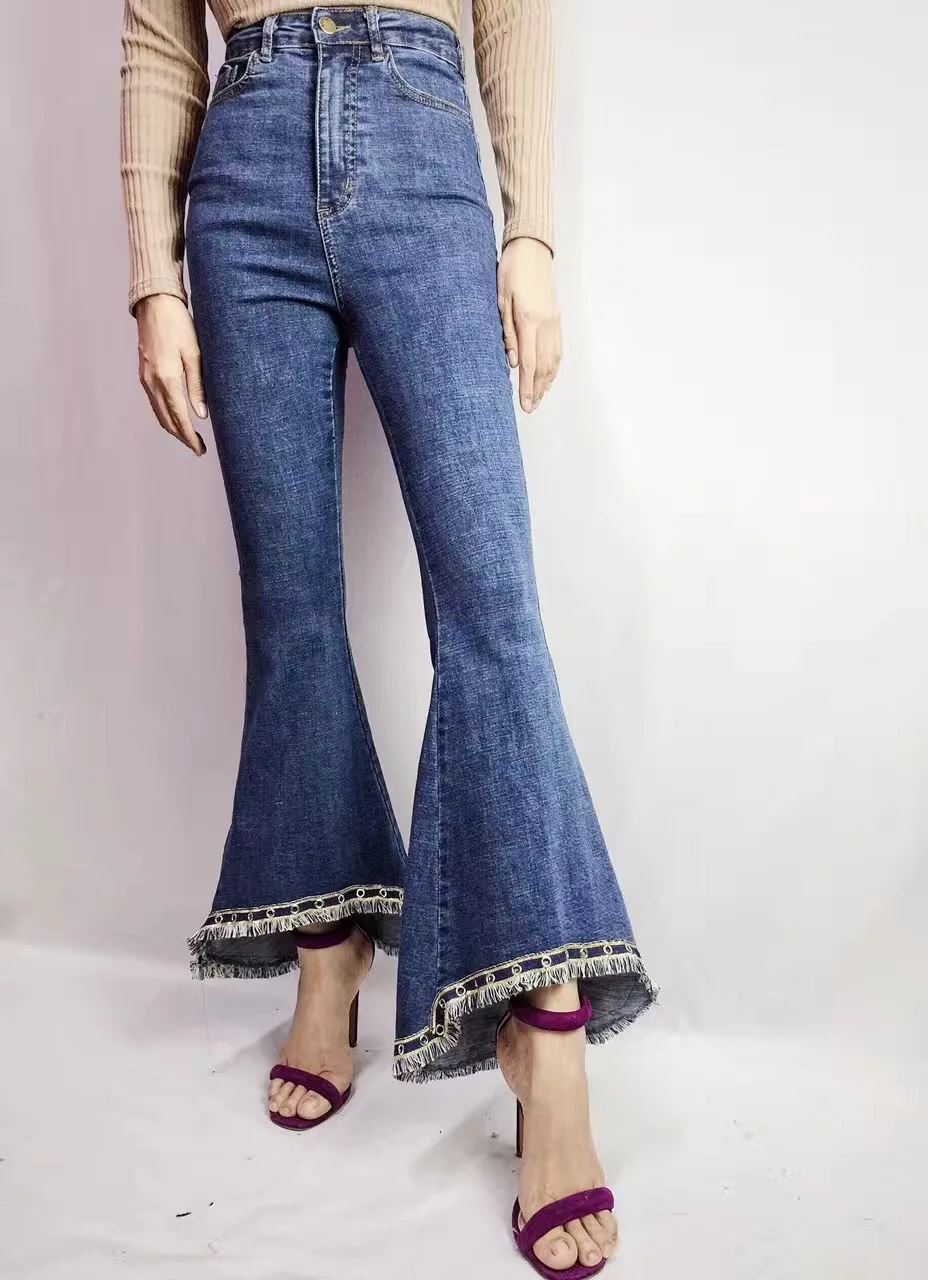 Winter retro arc of the national style curved tassels nine points jeans high waist bell-bottoms |