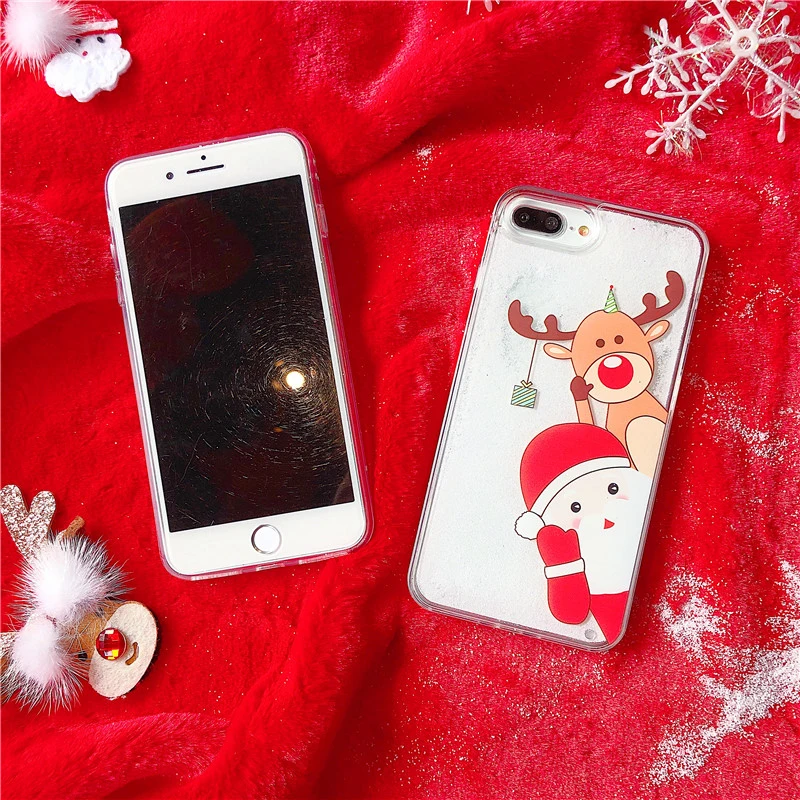 Merry Christmas phone case for iPhone XR XS Max X 6 6S 7 8 Plus Liquid Dynamic snowman deer hard PC +TPU Mobile Back Cover |