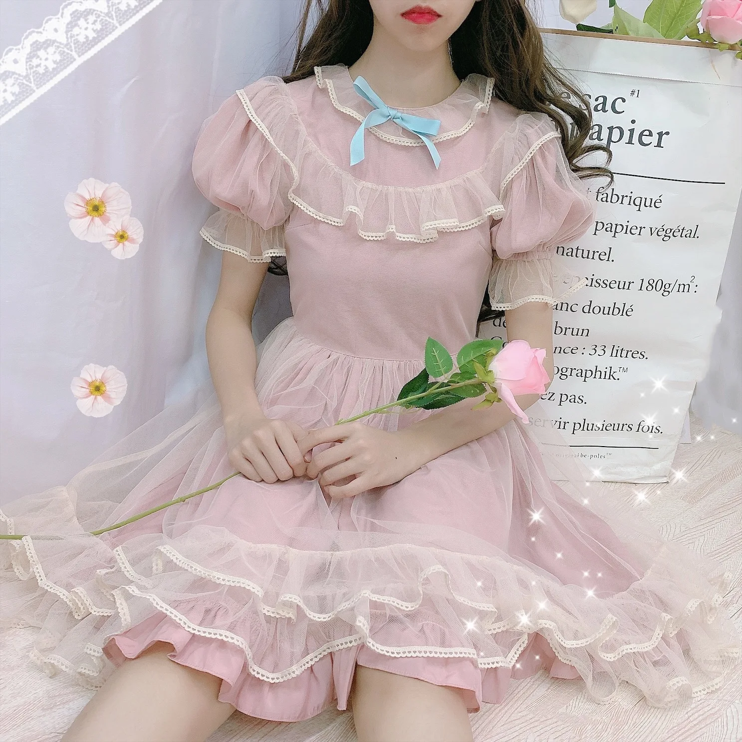 Японское платье лолиты для женщин Kawaii летнее мягкое милое Сетчатое платье феи с пышными рукавами