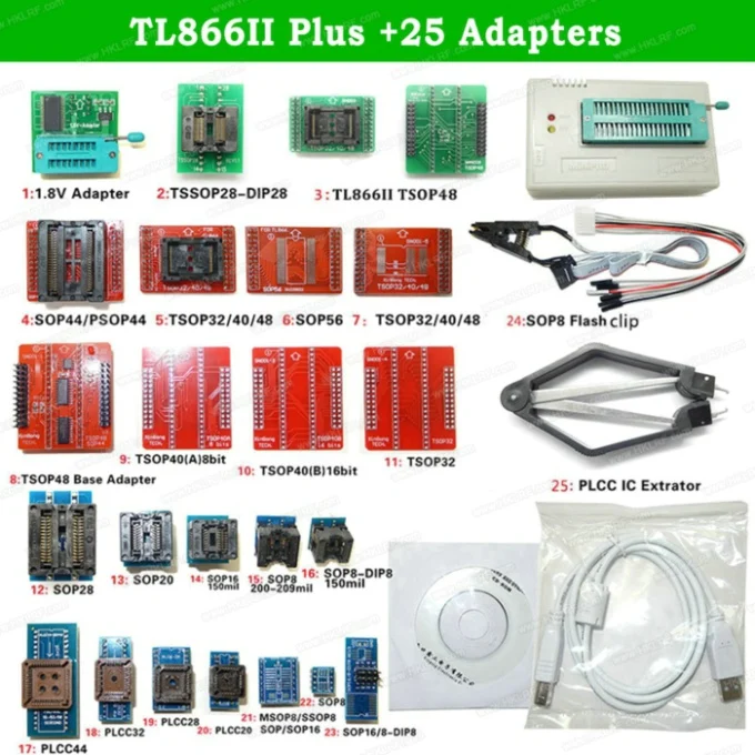 TL866II 25 Items TL866II плюс USB программатор поддержка 15000+ IC SPI Flash NAND EEPROM MCU PIC AVR Замена TL866A TL866CS+ 25 шт. адаптеры - Цвет: TL866II 25 Items