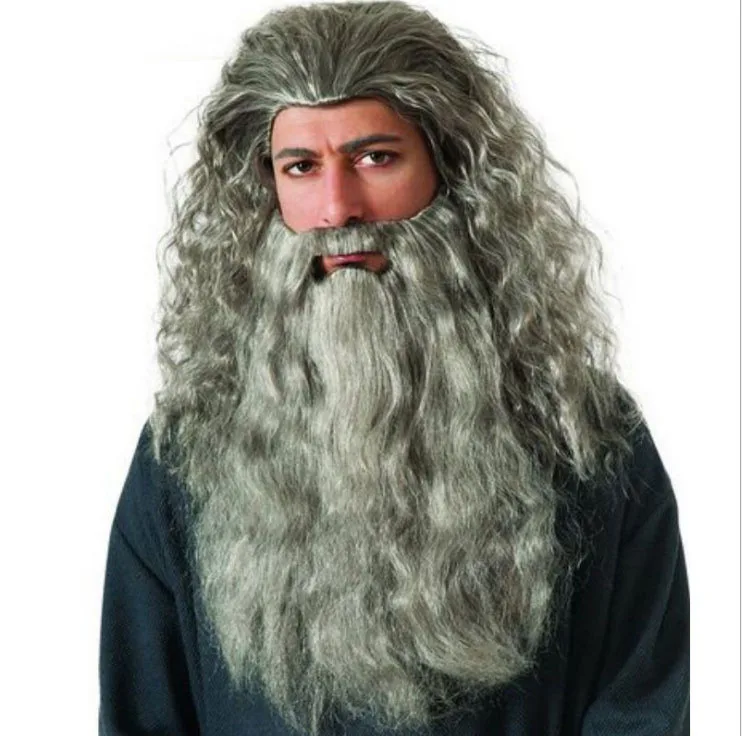 noly wig and beard Властелин колец Гэндальф косплей костюм халат Хоббит взрослых накидка волшебника шляпа и парик борода - Цвет: noly wig and beard