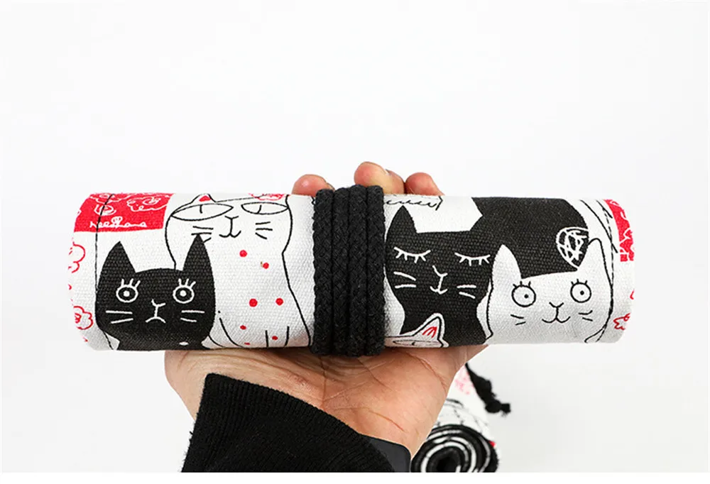Kawaii пара кошка рулон школьный Карандаш Чехол для девочек и мальчиков, наказания Карандаш Чехол Холст Большие 12/24/36/48/72 Отверстия пера мешка для сбора пыли большой набор инструментов для инструментов