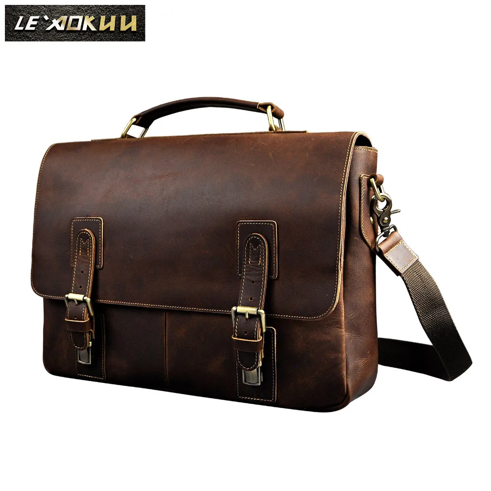 Men Crazy Horse Leather Retro Designer Business Briefcase Document Laptop Case Male Fashion Portfolio Attache Shoulder Bag 8069