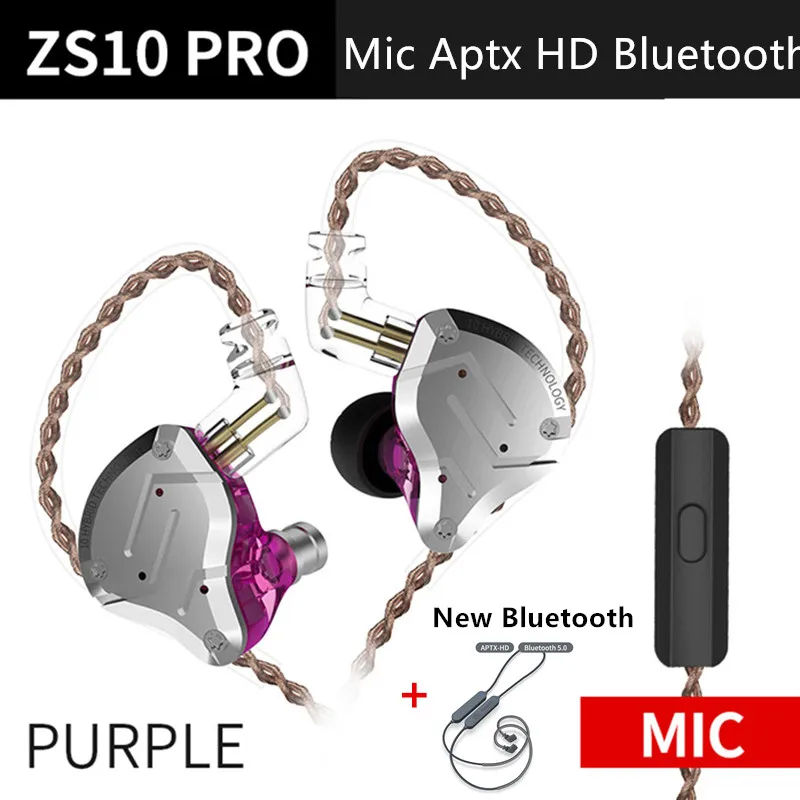 PurpleMicAPtxHDbluet Плотным верхним ворсом KZ ZS10 Pro HDBluetooth вкладыши Наушники Гибридный 4BA+ 1DD HIFI Басс наушники металлические наушники спортивные Шум шумоподавлением гарнитура монитор - Цвет: PurpleMicAPtxHDbluet
