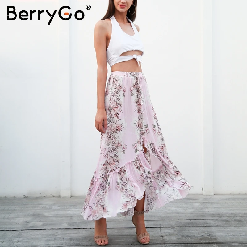BerryGo труба рюшами Цветочные Длинные юбки женщины печати связать кнопку пляжные