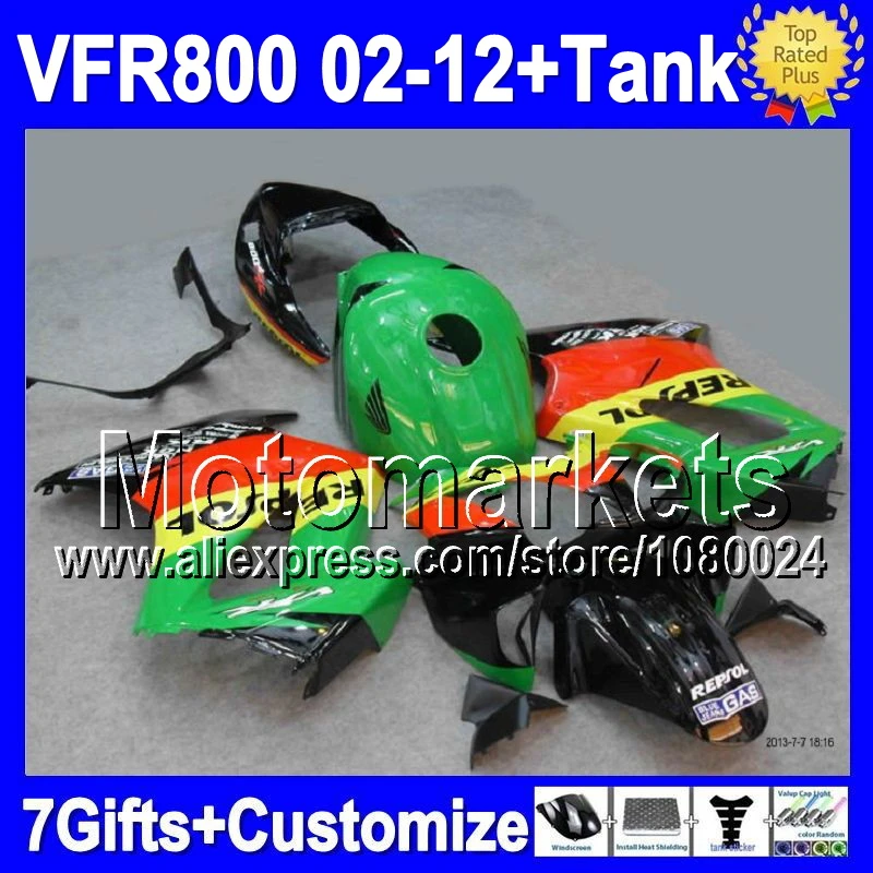 Контейнер для HONDA VFR800 зеленый blk 02 12 07 08 09 10 MK658 VFR800RR 2007 2008 2009 2010 Repsol VFR 800 RR зализа|tank