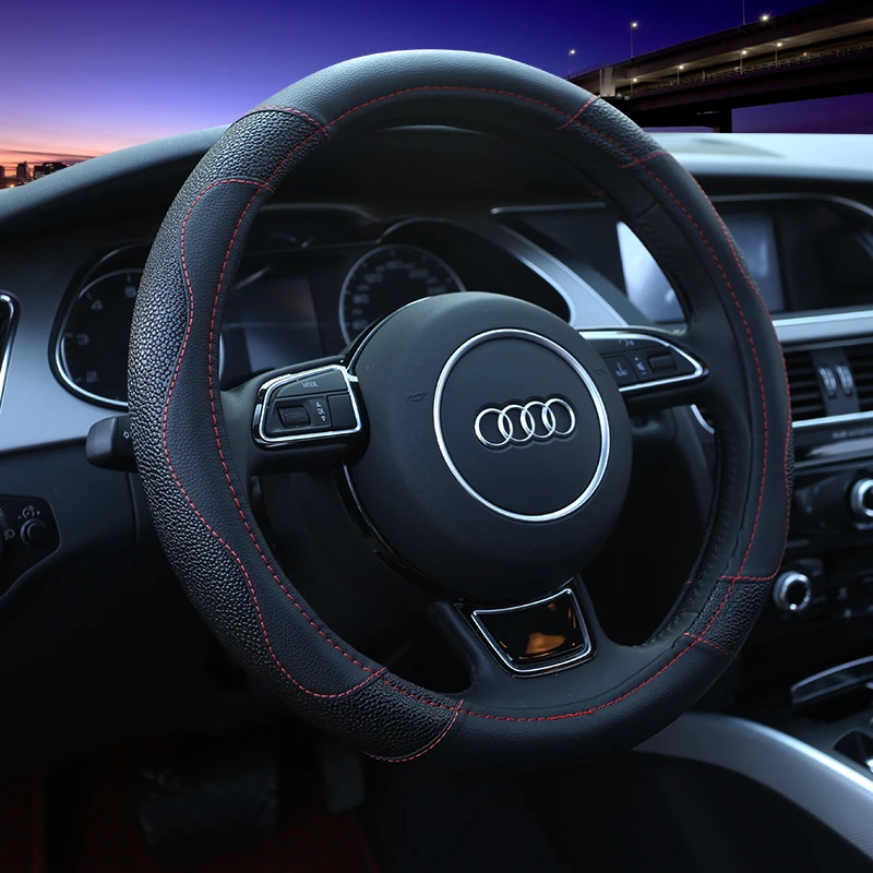 

KKYSYELVA Car Steering Wheel Cover Leather 38cm Auto Steering-Wheel Black Steering Covers Car Interior Accessories