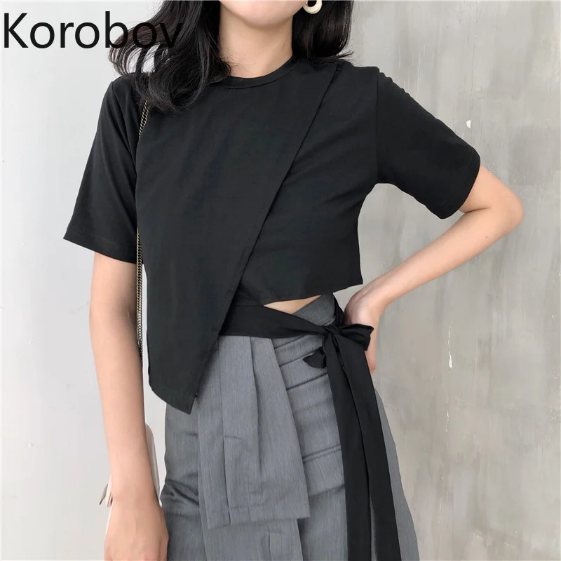 Korobov/корейские летние новые необычные футболки с короткими рукавами и круглым