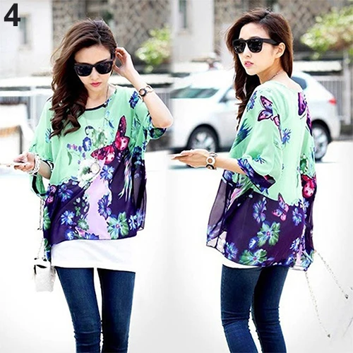 Для женщин летние богемные рукав &quotлетучая мышь&quot шифон склонны плечо блузка