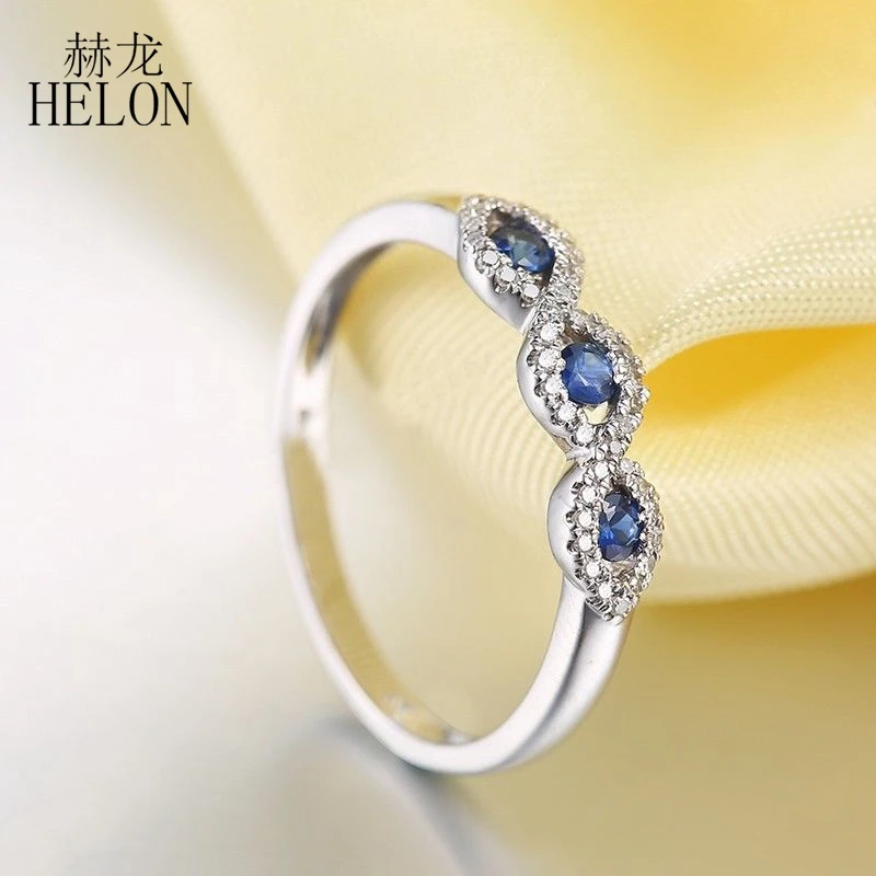 

HELON Solid 14k White Gold Women Trendy Fine Jewelry 100% Genuine Natural Sapphires Real Diamonds Gemstone Engagement Band Ring