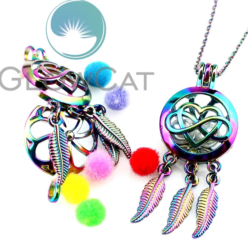 R-C791 Rainbow Color Heart Number 8 Dream Catcher Beads Cage Pendant Perfume Diffuser Aromatherapy Pearl Locket Necklace | Украшения и