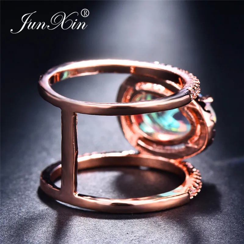 JUNXIN Бохо Rainbow опал кольца для Для женщин Для мужчин серебро/14KT Rose Gold Filled Овальный Лунный камень кольцо женские свадебные стекируемые миди кольцо