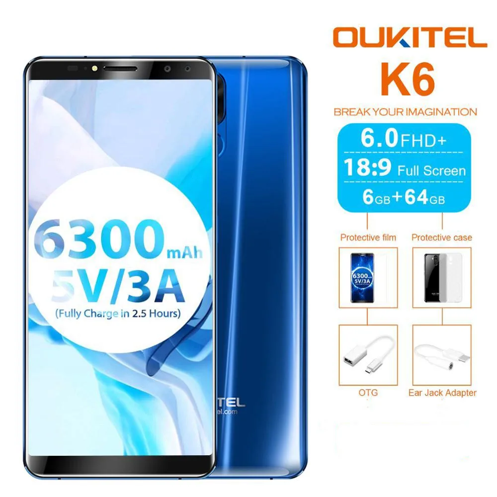 Oukitel K6 5 99 дюймов 6300 мАч батарея Лицо ID 6 ГБ + 64 Гб М восьмиядерный смартфон 4G