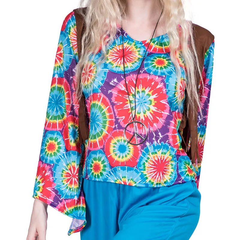 Костюм в стиле ретро для взрослых женщин мужчин костюм хиппи с цветами вечеринки