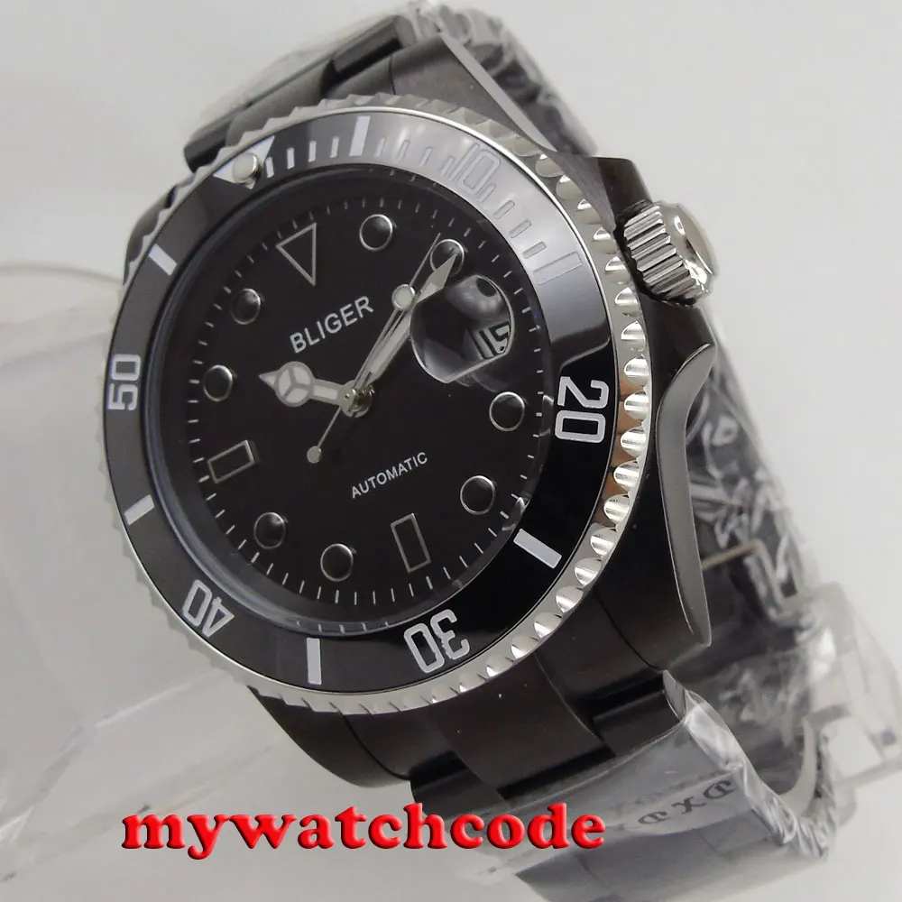 

40mm Bliger black dial date window PVD case sapphire glass automatic mens watch