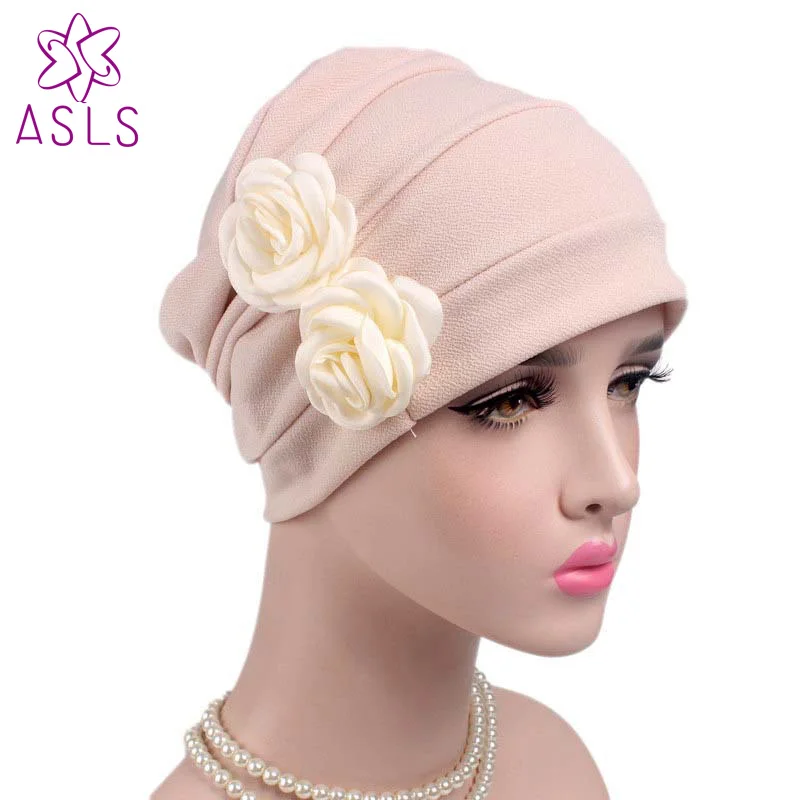 

Newest Elegant Fashion Double 3D Flower Chemo Beanie Cap Sleep Comfort Turban Hat Cancer Hair Loss caps For Women
