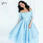 Женское платье с открытыми плечами Pretty, небесно-голубое вечернее платье длиной ниже колена с 3D цветами, длиной до середины икры, для выпускного вечера