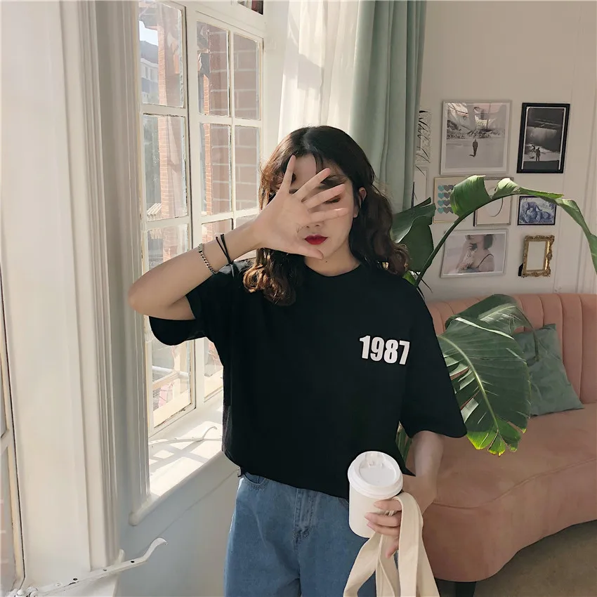 

2020 NEW Summer Alphabetic printing Simple pure cotton Casual Solid O-Neck A female T-shirt Bottoming shirt