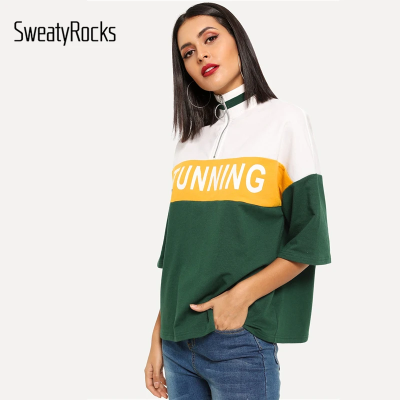 SweatyRocks, полупланка, цветная, с буквенным принтом, женская футболка, три четверти, длина рукава, топы, уличная одежда, стоячий воротник, повседневные футболки
