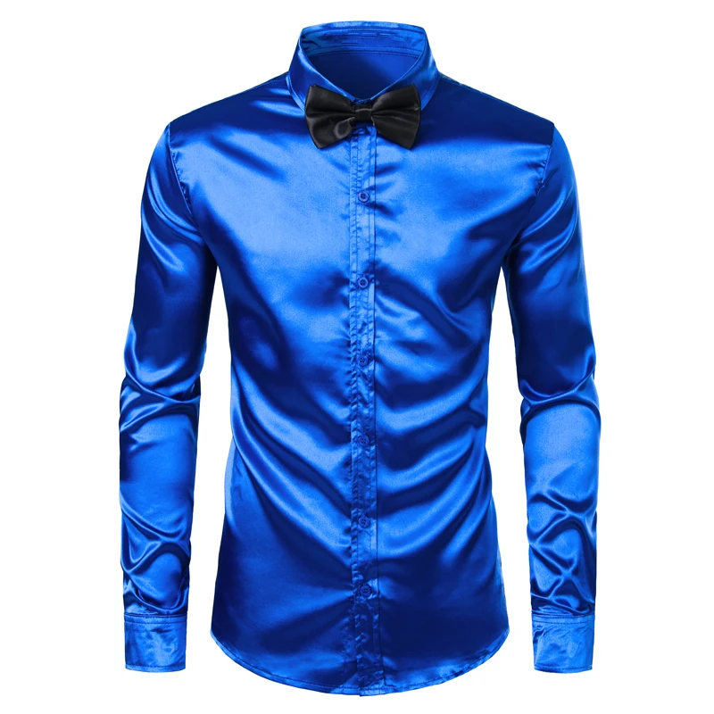 Men's Royal Blue Silk Satin Dress Shirts with White Bowtie New Slim Fit Long Sleeve Men Tuxedo Shirt for Party Wedding 3XL
