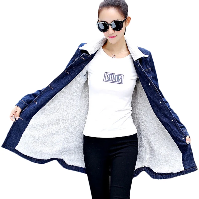 

lamb hair Denim Jacket Women New Autumn Winter Plus velvet Thicken Warm Jeans Jackets Women's long Fashion Base coats 5XL F700
