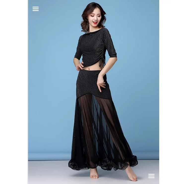 New Fashion Women Belly Dance Clothing Stretchy Shinny Fabric Off Shoulder Ruffles Maxi Long Skirts Bellydance Costume Set 2pcs