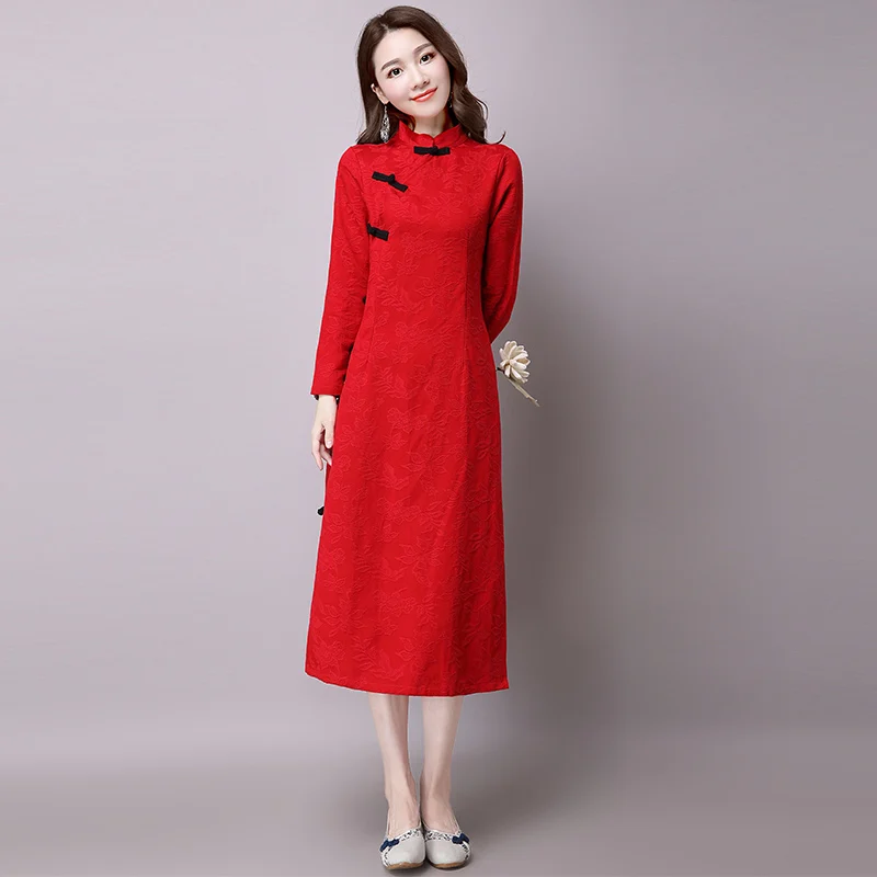 Новинка весна осень Qipao длинное платье женское одноцветное цвет элегантное винтажное жаккардовое с длинным рукавом китайские платья Vestidos WJ617 - Цвет: Красный