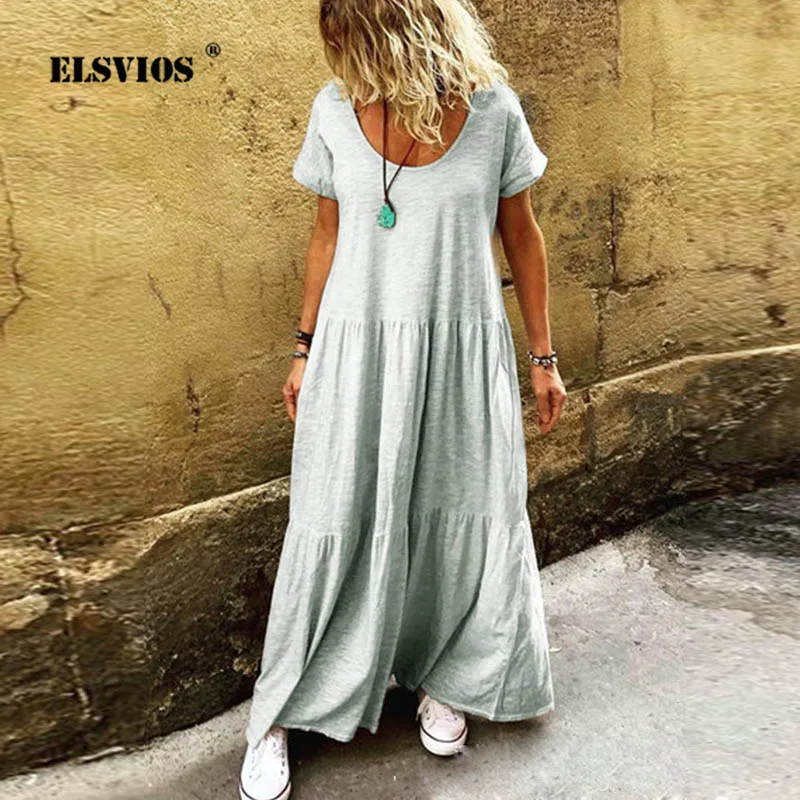 ELSVIOS 5XL женское однотонное винтажное платье длиной до лодыжки летнее повседневное плиссированное платье с круглым вырезом и коротким рукавом женское вечернее платье с оборками