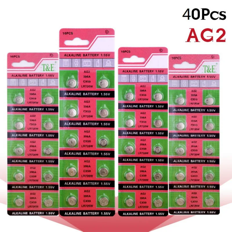 

Кнопочные батарейки AG2 LR726 396, 40 шт./4 карты, батарейки SR726 196, батарейки для монет, щелочные батарейки 1,55 в SG2 SR9 726 LR59 для часов, игрушек, пультов д...