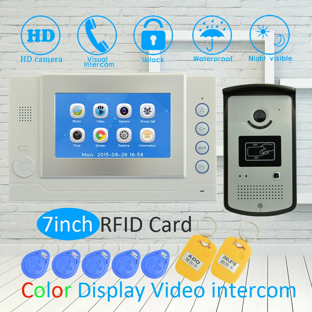 

(1 SET) Touch panel 7 Inch LCD Monitor RFID Unlock Function HD Night Vision IR Camera Video Door Phone System Doorbell Intercom
