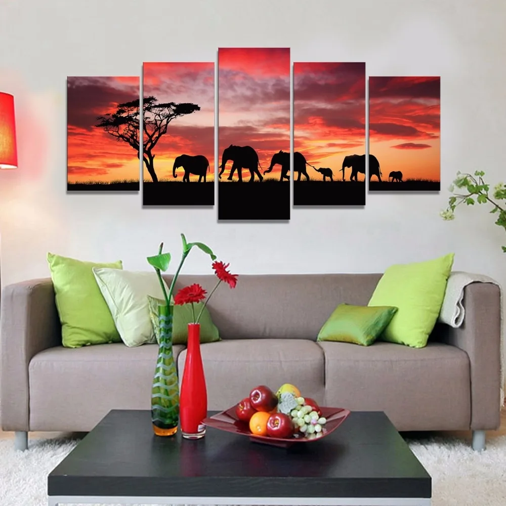 

Angel's Art 5pcs/Set Unframed African Elephant Landscape Oil Painting on Canvas
