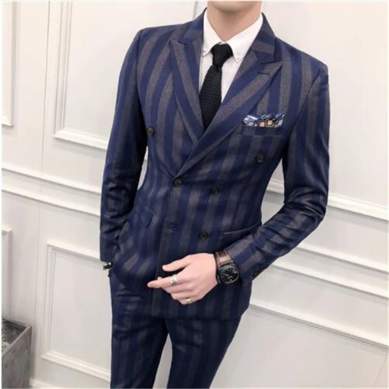 

Облегающий двубортный костюм, новинка 2018 года, дизайнерские облегающие мужские брюки, костюмы для выпускного вечера в полоску, Свадебный ко...