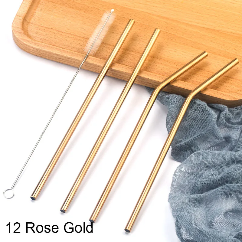 12 rose gold 304 соломинки из нержавеющей стали пипетки многоразовые, для питья соломы прямо согнуты металлическая соломинка с чистого набор кистей вечерние бар аксессуар - Цвет: 12 rose gold