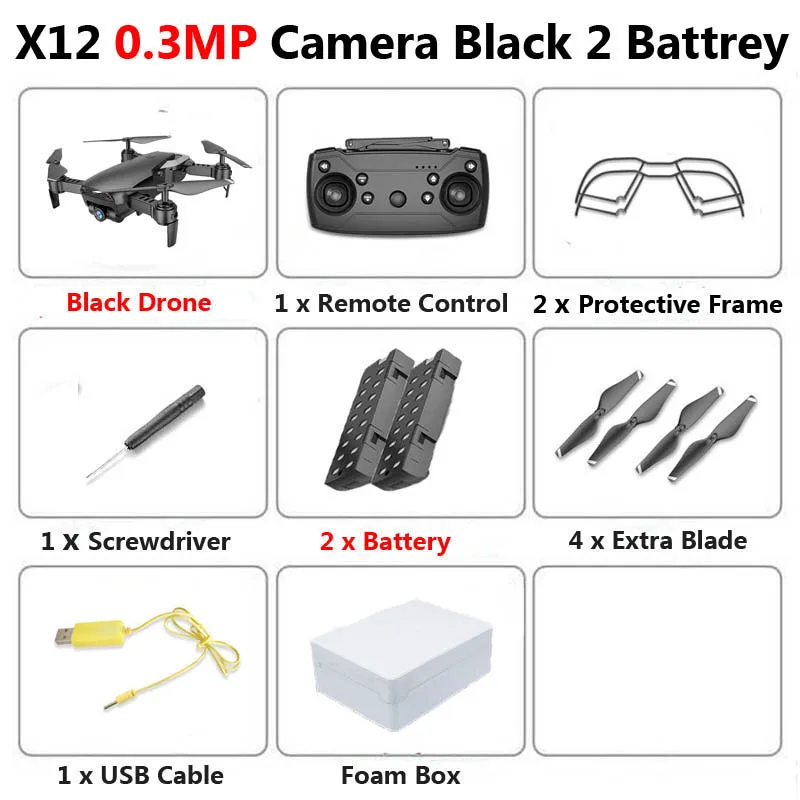 0.3MP Black 2B Foam X12 WiFi FPV Mini Foldable Drone Camera 0.3MP 2MP HD Optical Flow Aerial Video Profissional RC Quadcopter Helicopter Toys SG106 - Цвет: 0.3MP Black 2B Foam