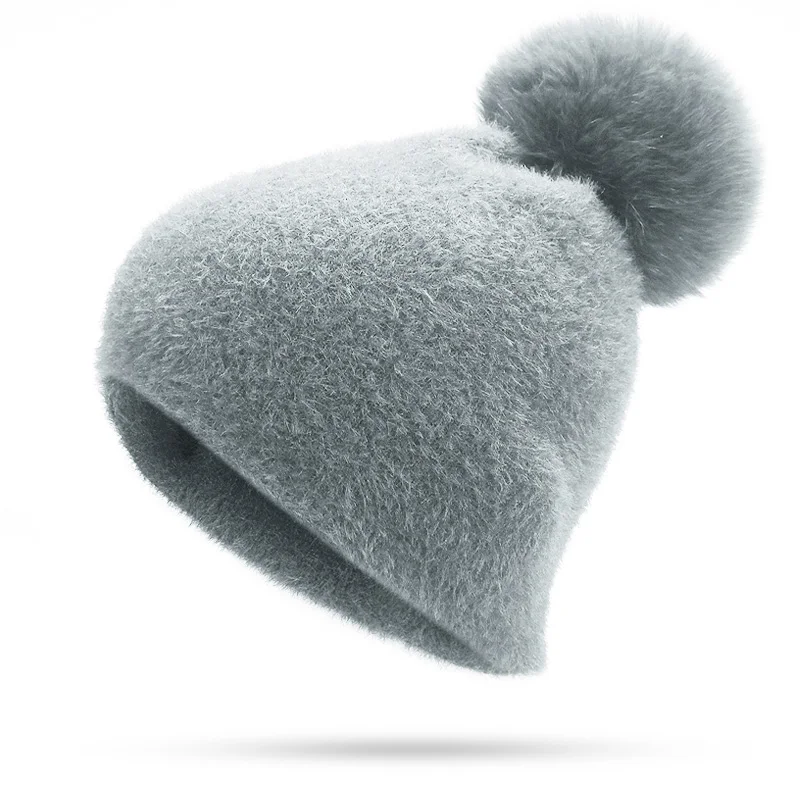 A Девушка Для женщин зима теплая Skullies шапочки Кролика трикотажные шапочки с натуральным мехом Pom Hat Кепки мягкие однотонные енота меховым помпоном Bone - Цвет: A