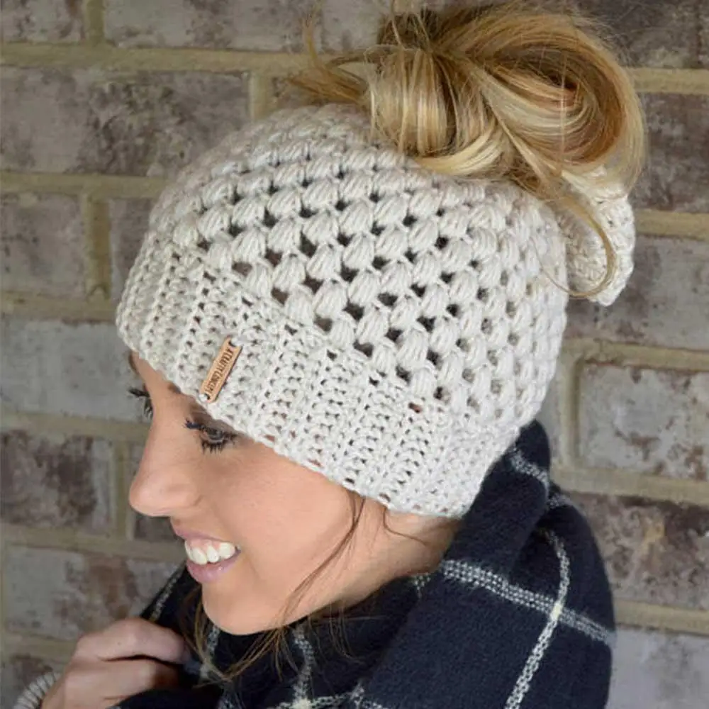 Конский хвост зимние шапки бини для вязаный бюстгальтер шапка Skullies Beanies теплая шапка s Женская вязаная Стильная шапка Дамская мода