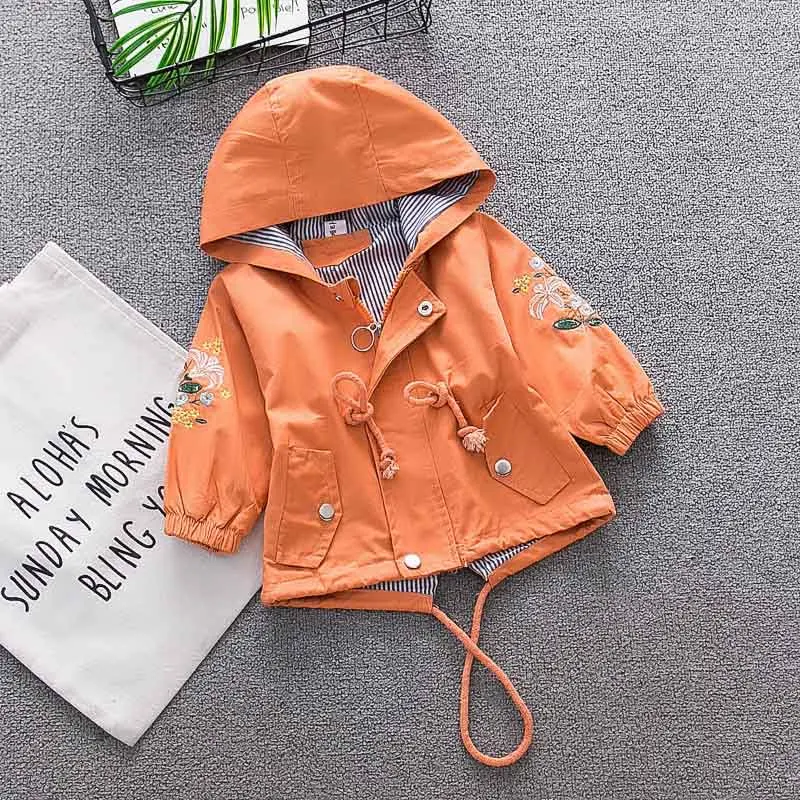 orange Пальто для девочек; Новинка года; сезон весна-осень; детская повседневная хлопковая однотонная верхняя одежда с капюшоном; детские спортивные куртки с цветочной вышивкой - Цвет: orange